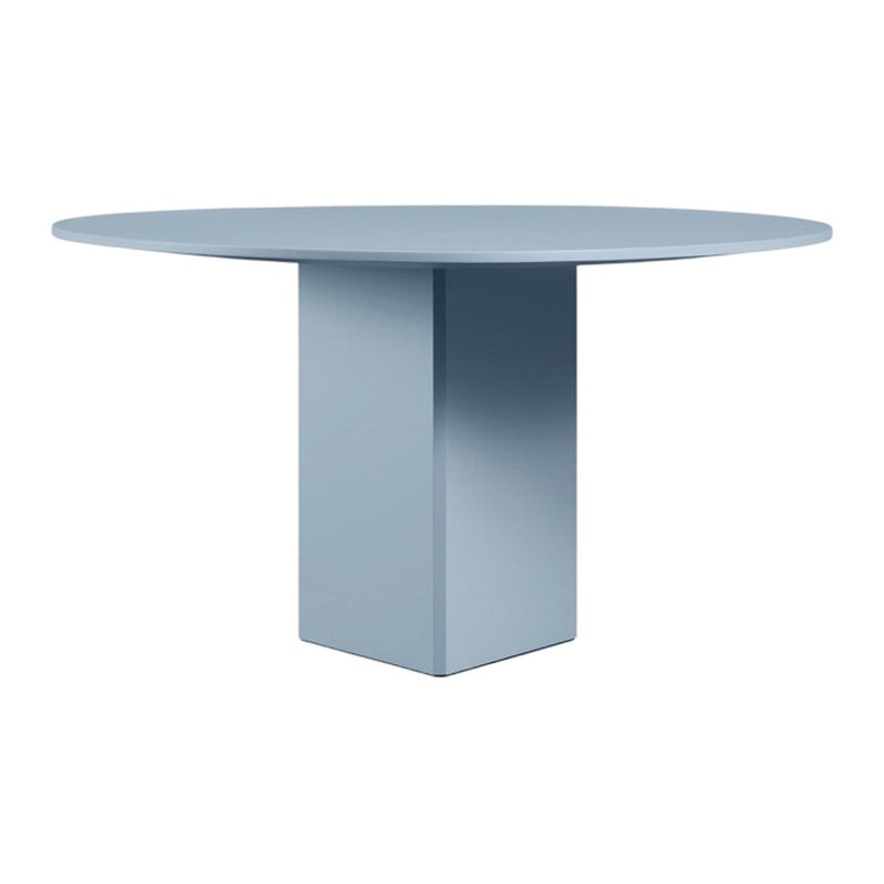 Light blue round dining table with a matte finish, featuring a solid cube base. Perfect blend of elegance and modern design.
