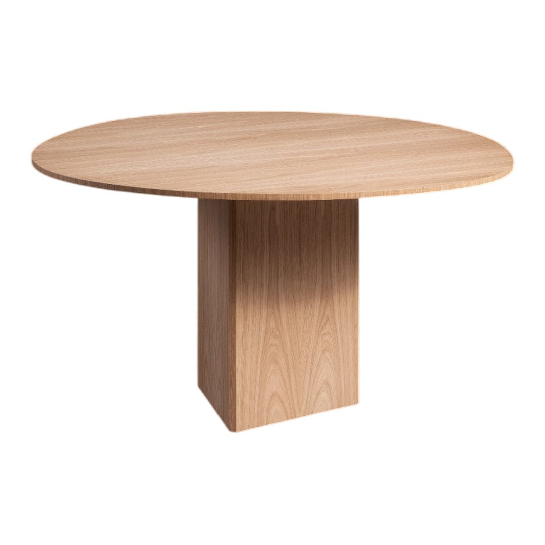 Light oak round dining table with a smooth natural wood grain pattern. Ideal for modern home decor.