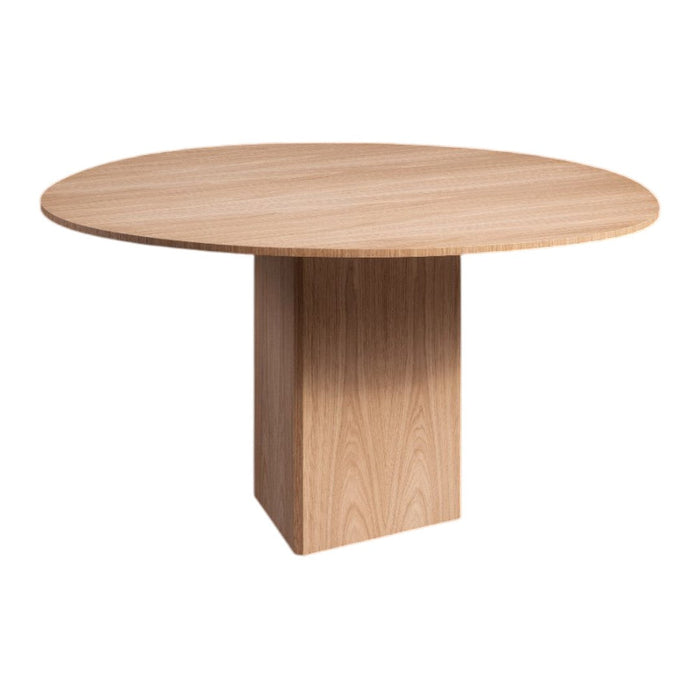 Light oak round dining table with a smooth natural wood grain pattern. Ideal for modern home decor.