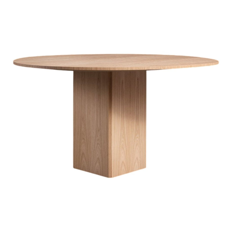 Light wood round dining table with a natural grain pattern and a sturdy square pedestal base.