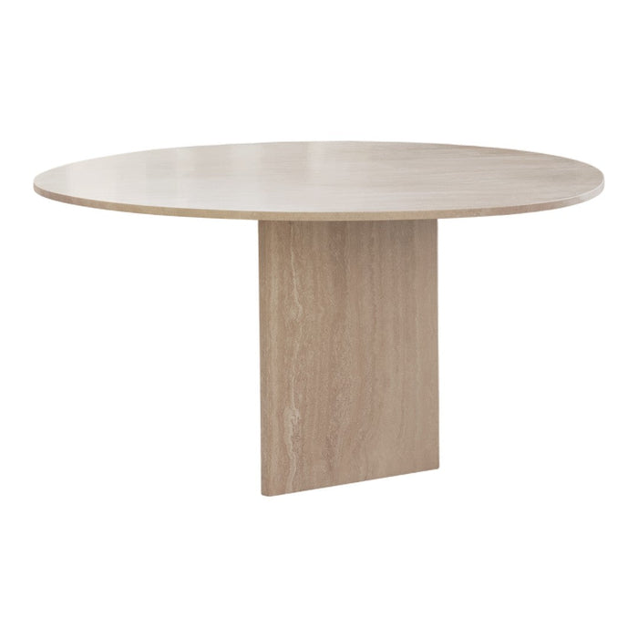 Round beige dining table with a smooth finish and subtle marbling pattern on the tabletop.