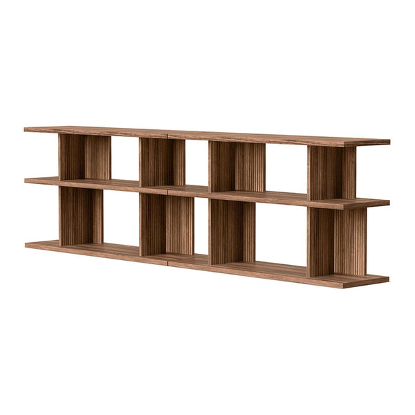 Wooden shelf with a natural brown finish and simple geometric pattern of open cubbies.