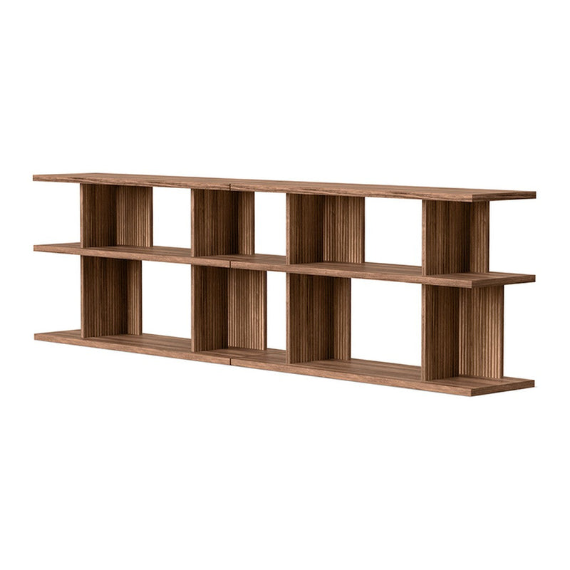 Wooden shelf with a natural brown finish and simple geometric pattern of open cubbies.