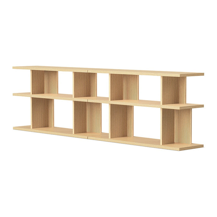 Light wood bookshelf with a simple, modern design featuring multiple open cubbies for versatile storage.