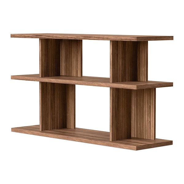 Modern three-tiered shelf in warm brown wood finish with vertical line pattern. Perfect for stylish home decor.