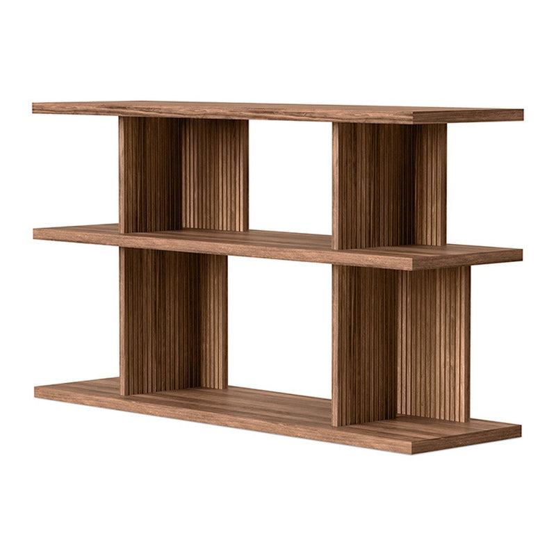 Modern three-tiered shelf in warm brown wood finish with vertical line pattern. Perfect for stylish home decor.