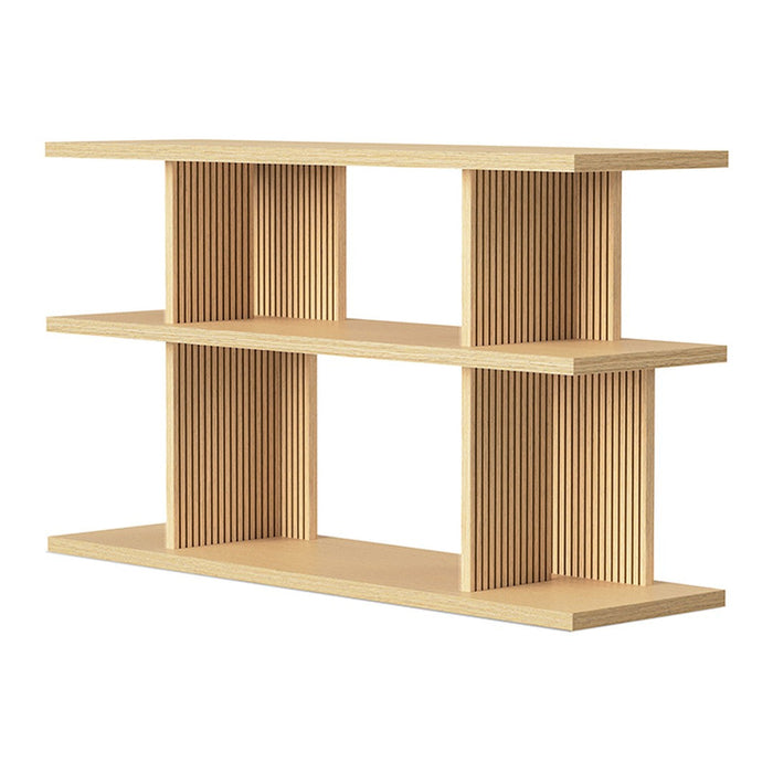 Light wood shelving unit with vertical ribbed pattern, showcasing a natural beige color. Perfect for modern decor.