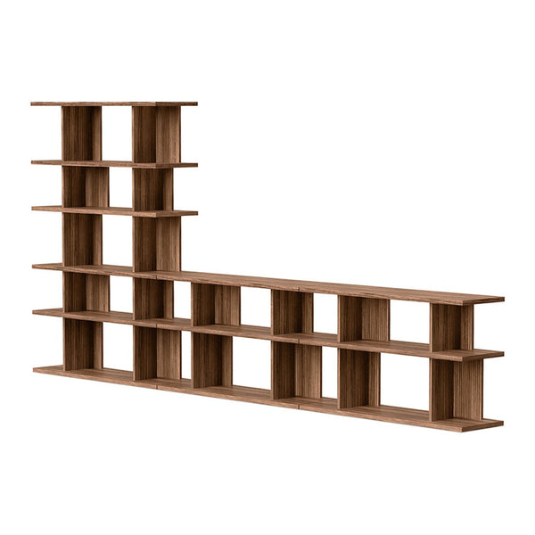 Natural wood grain bookshelf in warm brown tones with a modern geometric design and open compartments.