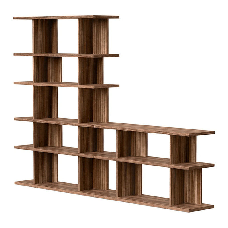 Wood grain bookshelf with a modern geometric design in warm brown tones and natural finish. Perfect for stylish storage.