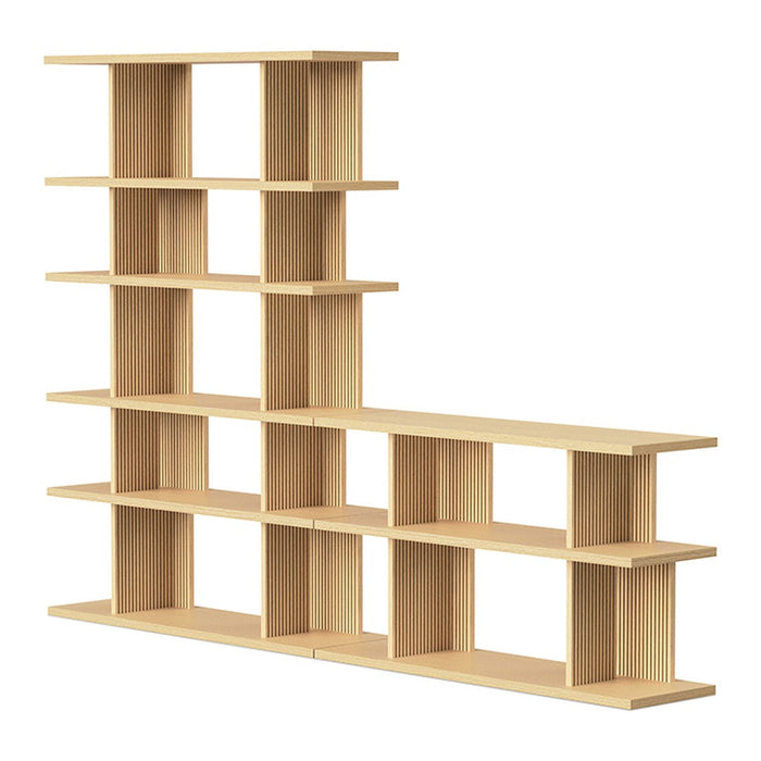 Light wood bookshelf with geometric pattern, featuring multiple open cubbies for stylish storage and display.