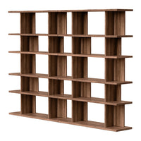 Wooden bookshelf in rich brown with a modern grid pattern, featuring open compartments for versatile storage.