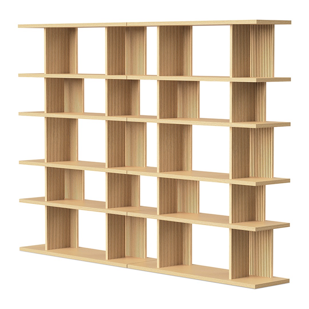 Light wood bookshelf with a grid pattern, featuring multiple open compartments for display and storage.