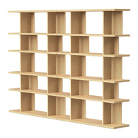 Light wood bookshelf with a grid pattern, featuring multiple open compartments for display and storage.