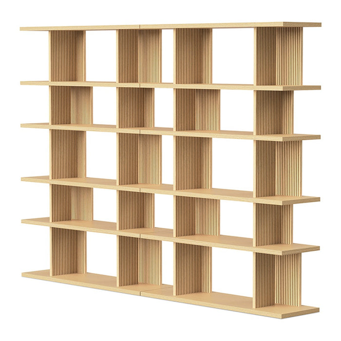 Light wood bookshelf with a grid pattern, featuring multiple open compartments for display and storage.
