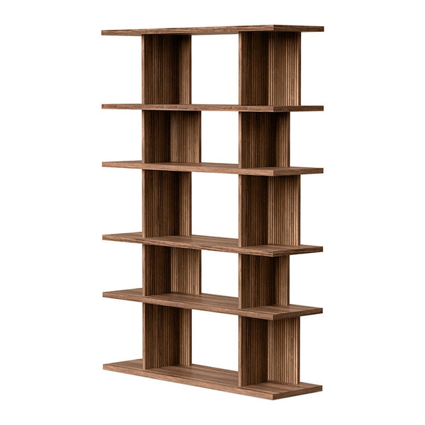 Wooden bookshelf in a warm walnut finish, featuring a modern, minimalist design with clean lines and open shelves.