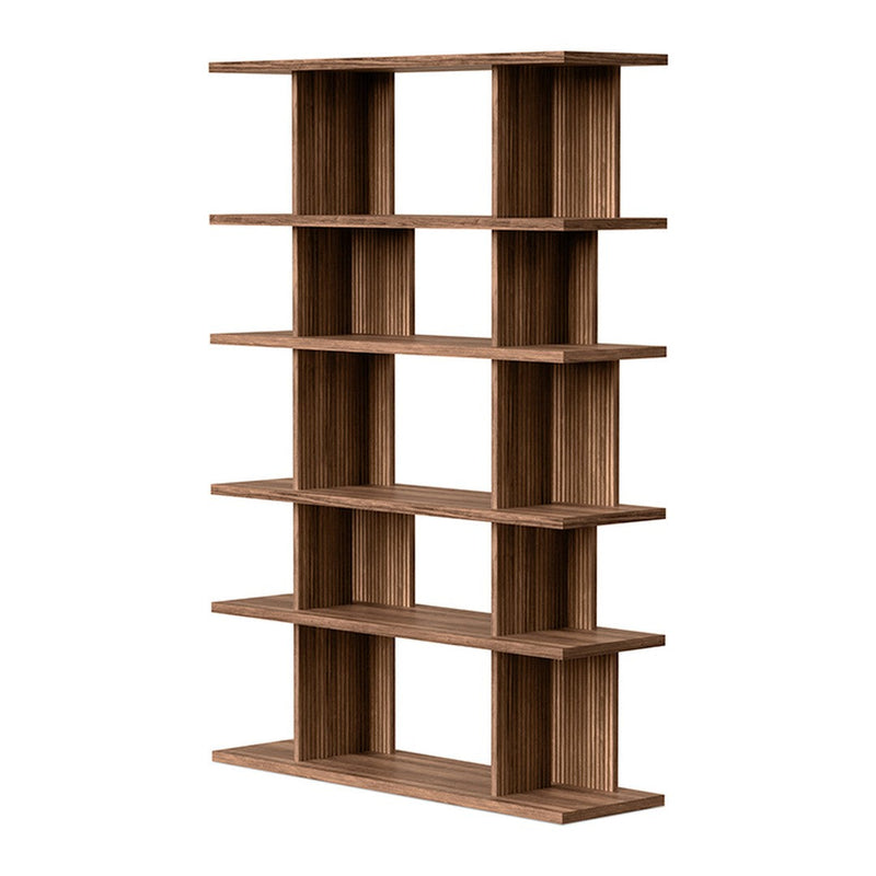 Wooden bookshelf in a warm walnut finish, featuring a modern, minimalist design with clean lines and open shelves.