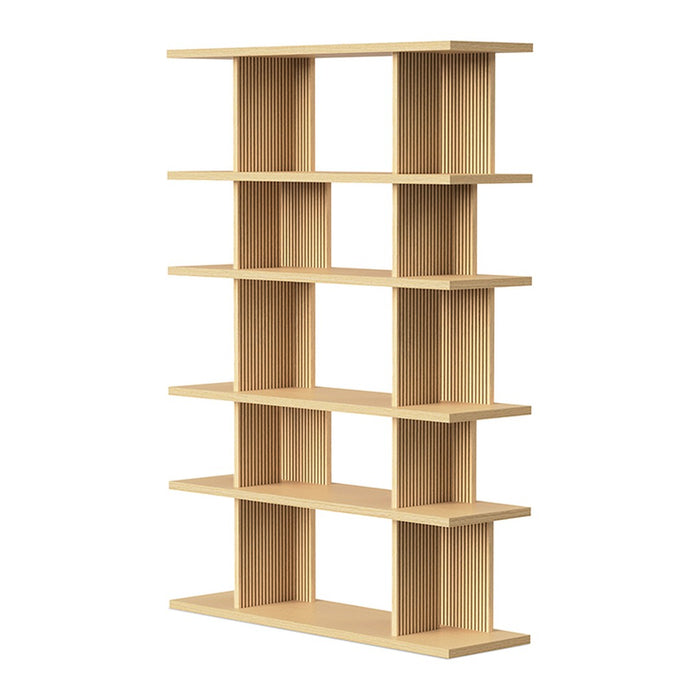Light wood bookshelf with clean lines and a minimalist design, featuring an open, rectangular pattern.