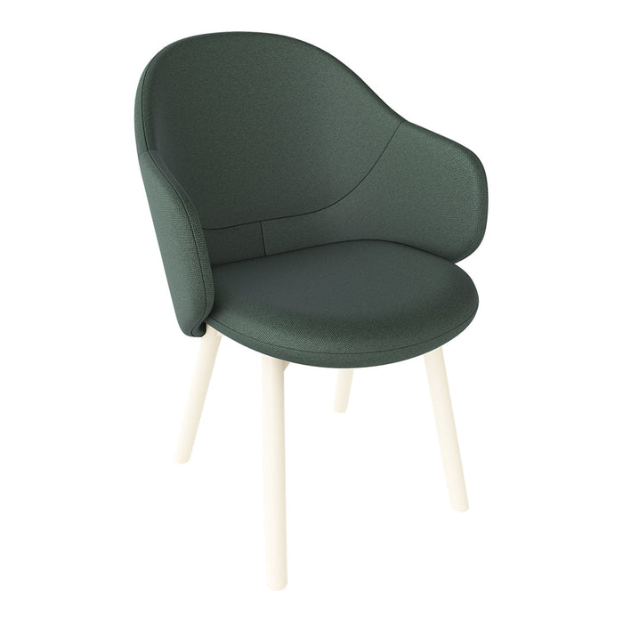 Green upholstered chair with a modern design and light wooden legs, featuring smooth, curved lines and a minimalist aesthetic.