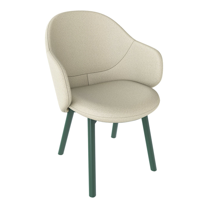 Beige upholstered chair with a smooth finish and green wooden legs, featuring a modern, minimalist design.