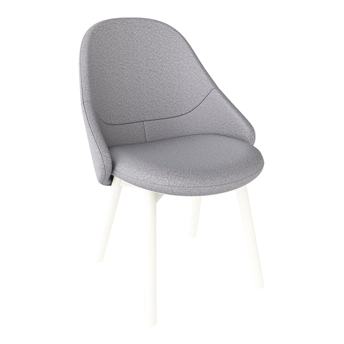 Light gray upholstered chair with a smooth texture and white legs for a modern look.
