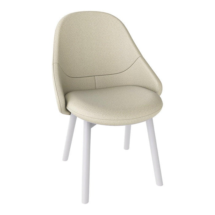 Cream-colored chair with a smooth, modern design and white legs, featuring a subtle textured pattern.