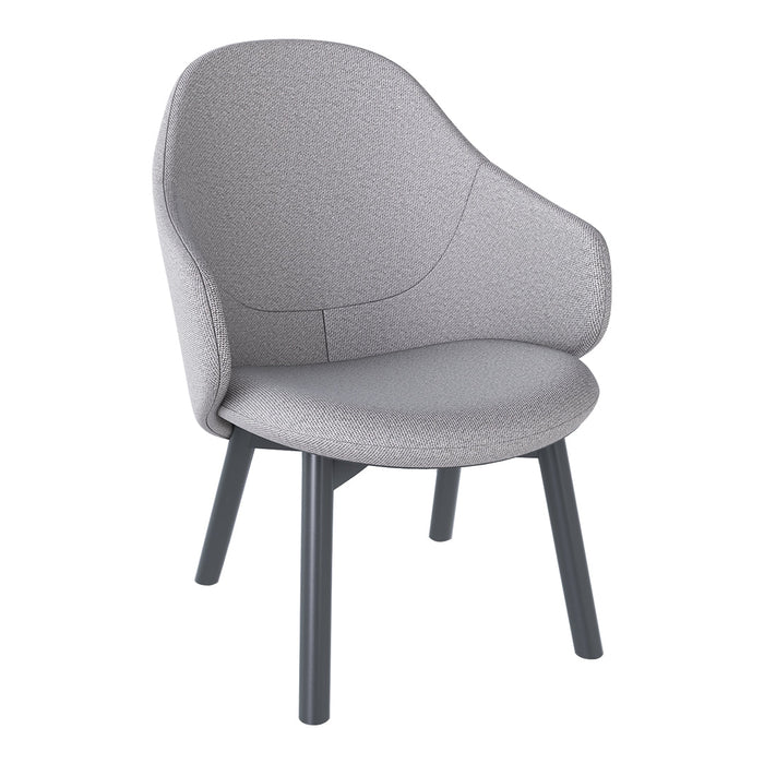 Light gray upholstered chair with a smooth texture and dark gray wooden legs, featuring a modern, minimalist design.