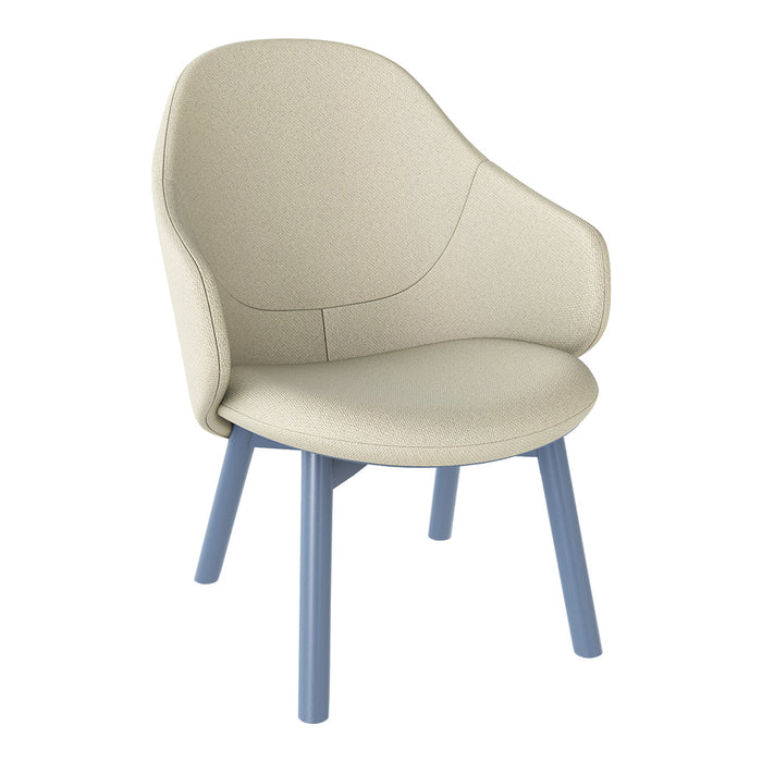 Modern cream accent chair with sleek blue legs and a smooth, minimalist design. Perfect for contemporary spaces.