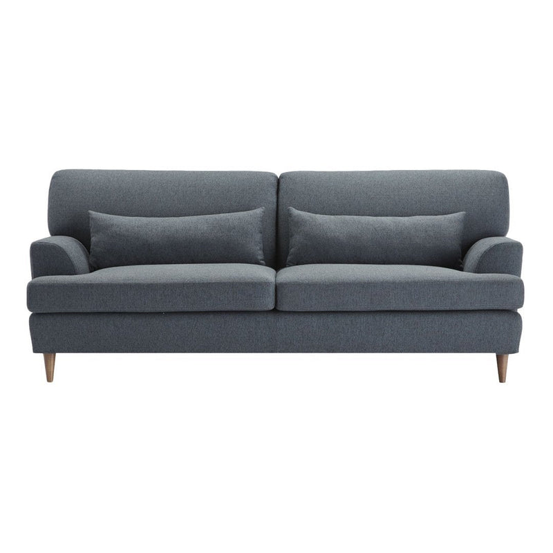 Modern two-seater sofa in dark gray fabric, featuring clean lines and light wooden legs, with smooth cushions.