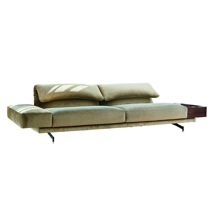 Beige modern sofa with a sleek design, featuring a soft texture and elegant wooden accents.
