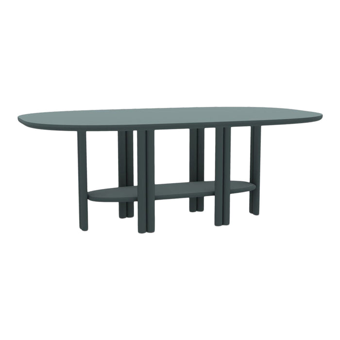 Modern oval table in muted teal with a sleek design and minimalist black legs, perfect for contemporary spaces.