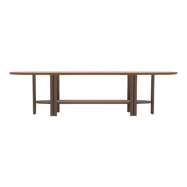 Brown oval dining table with simple lines and a minimalist design. Flat surface and sturdy legs.
