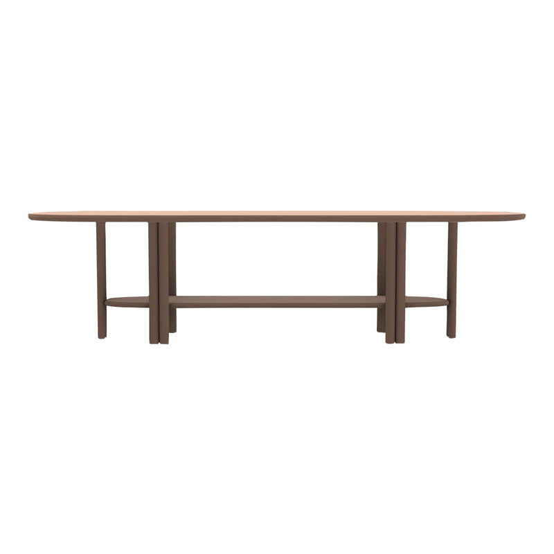 Brown oval dining table with simple lines and a minimalist design. Flat surface and sturdy legs.