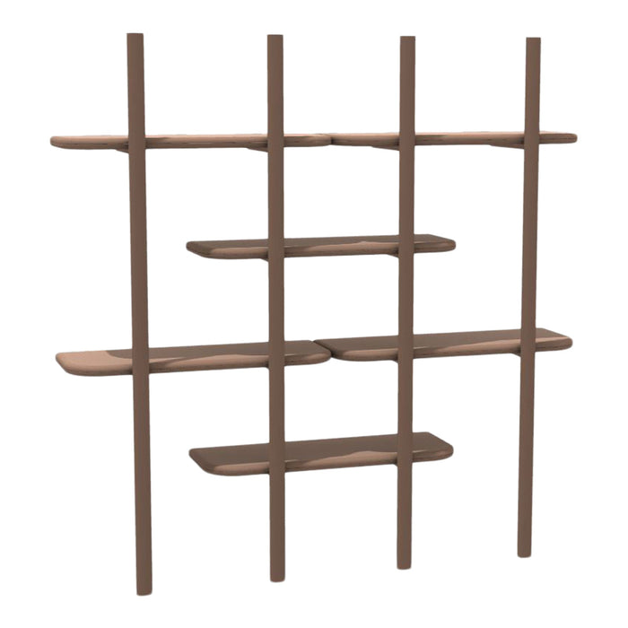 Brown wooden shelving unit with a simple, modern design and smooth, flat shelves. Versatile and stylish accent piece.