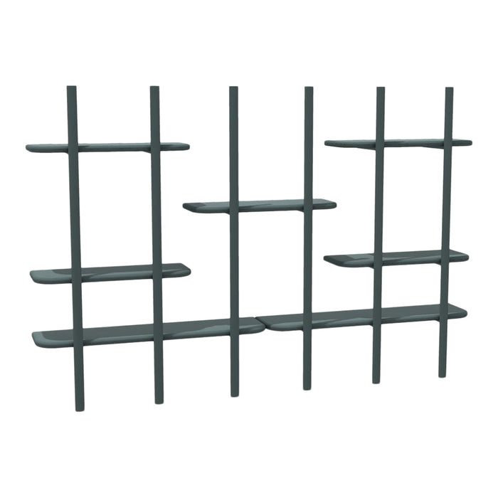 Modern dark teal shelving unit with horizontal and vertical lines, offering a sleek minimalist design.