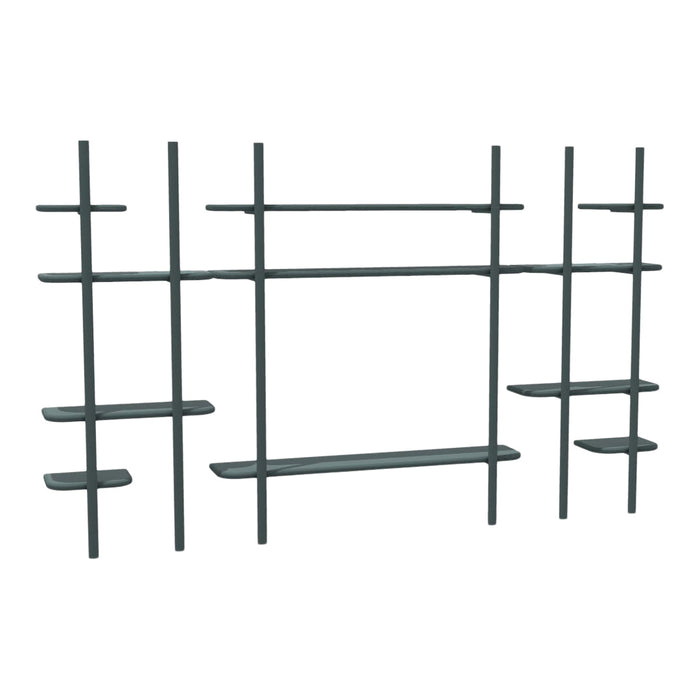 Modern dark green shelving unit with minimalist design and sleek horizontal and vertical lines. Perfect for any space.