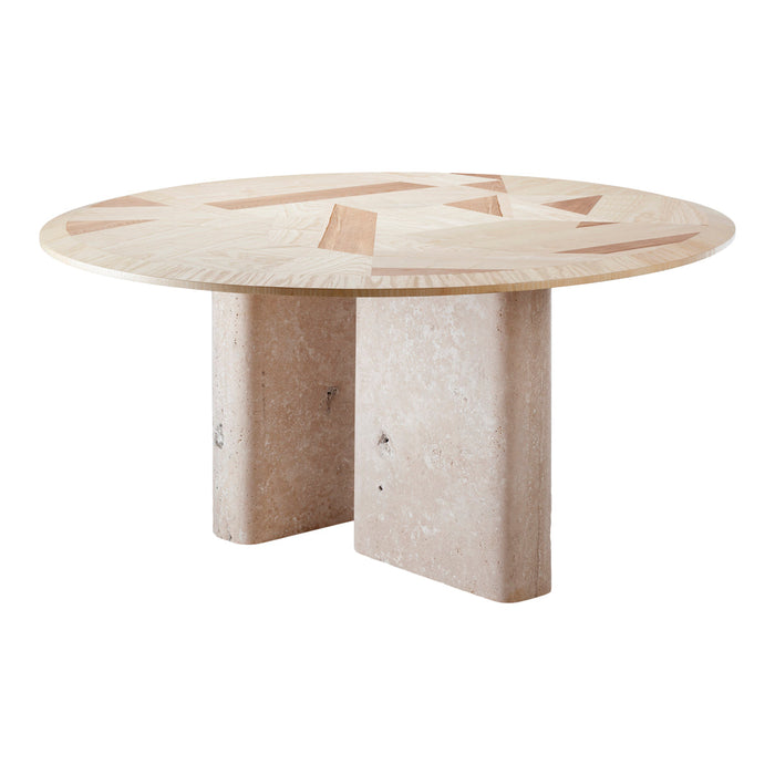 Round table with a light beige surface featuring geometric patterns in warm earthy tones. Solid stone legs.