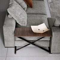 Gray textured sofa with solid wood and metal side table, featuring a dark walnut finish and clean lines.