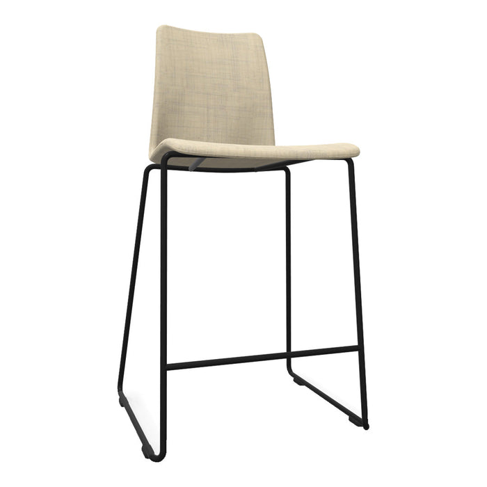 Beige upholstered high chair with a sleek black metal frame, featuring a subtle textured pattern.