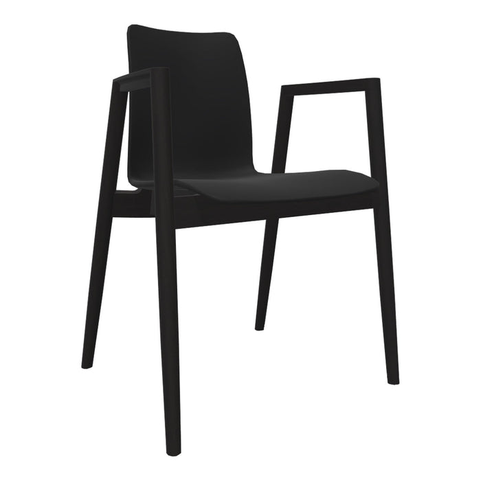 Sleek black chair with minimalist design and smooth finish, featuring a modern matte texture and angular armrests.