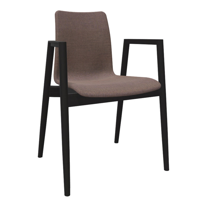 Brown upholstered chair with a textured pattern and sleek black legs, perfect for modern decor.