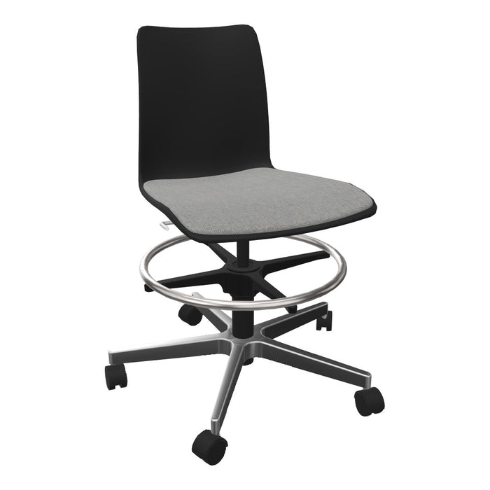 Black ergonomic chair with a gray seat cushion and a sleek, silver ring base. Modern and versatile design.