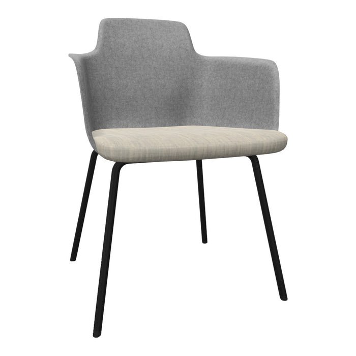 Gray upholstered chair with a light beige seat and sleek black legs, showcasing a modern and minimalist design.