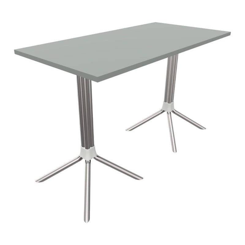 Stylish gray table with sleek silver legs, perfect for modern decor and versatile use.