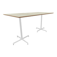 "Light wood tabletop with natural grain patterns, paired with sleek white metal legs for a modern look."