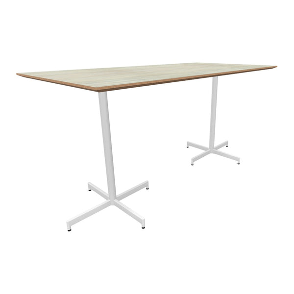 "Light wood tabletop with natural grain patterns, paired with sleek white metal legs for a modern look."