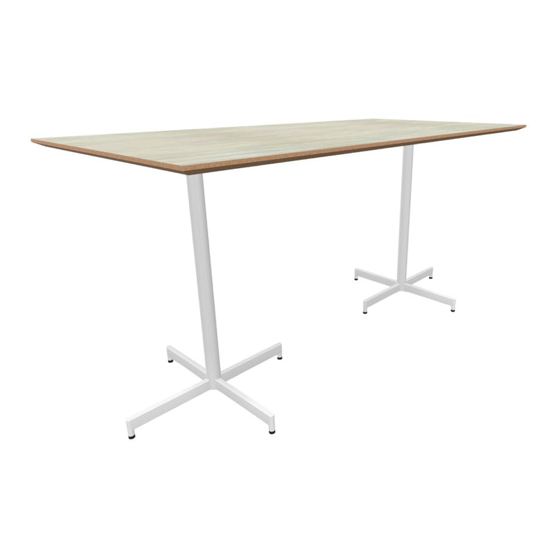 "Light wood tabletop with natural grain patterns, paired with sleek white metal legs for a modern look."