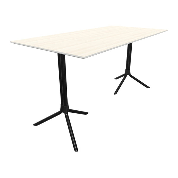 Light wood tabletop with a smooth finish and black metal tripod legs, creating a modern aesthetic.