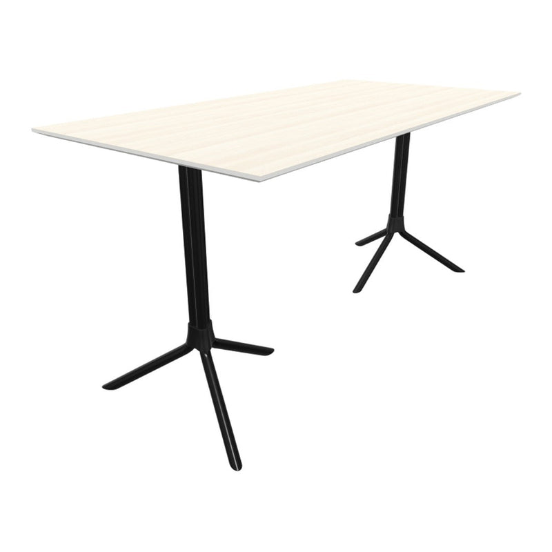 Light wood tabletop with a smooth finish and black metal tripod legs, creating a modern aesthetic.