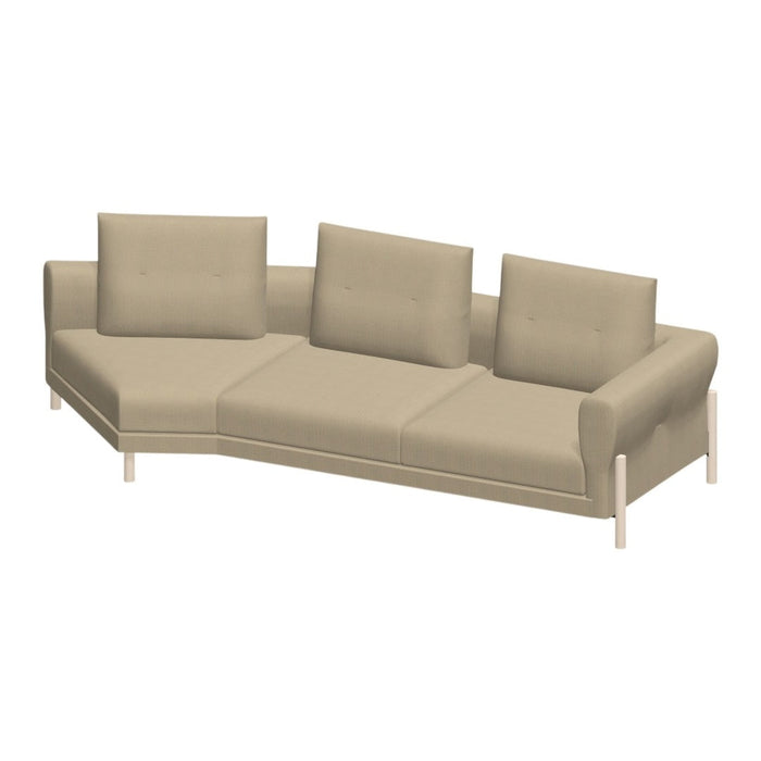Beige sectional sofa with solid pattern and minimalist design. Soft fabric upholstery and light wood legs.