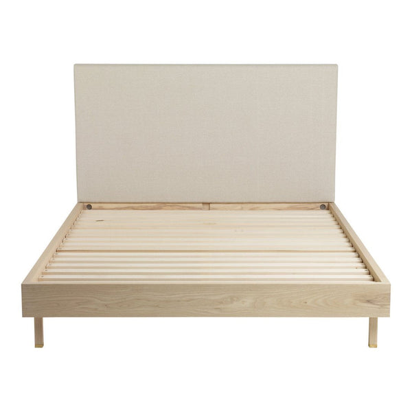 Natural wood bed frame with a neutral beige upholstered headboard, minimalist design. Perfect for modern decor.